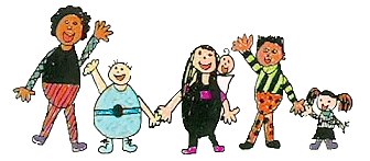 A cheerful colored hand-drawn graphic of five various sized people waving. 
