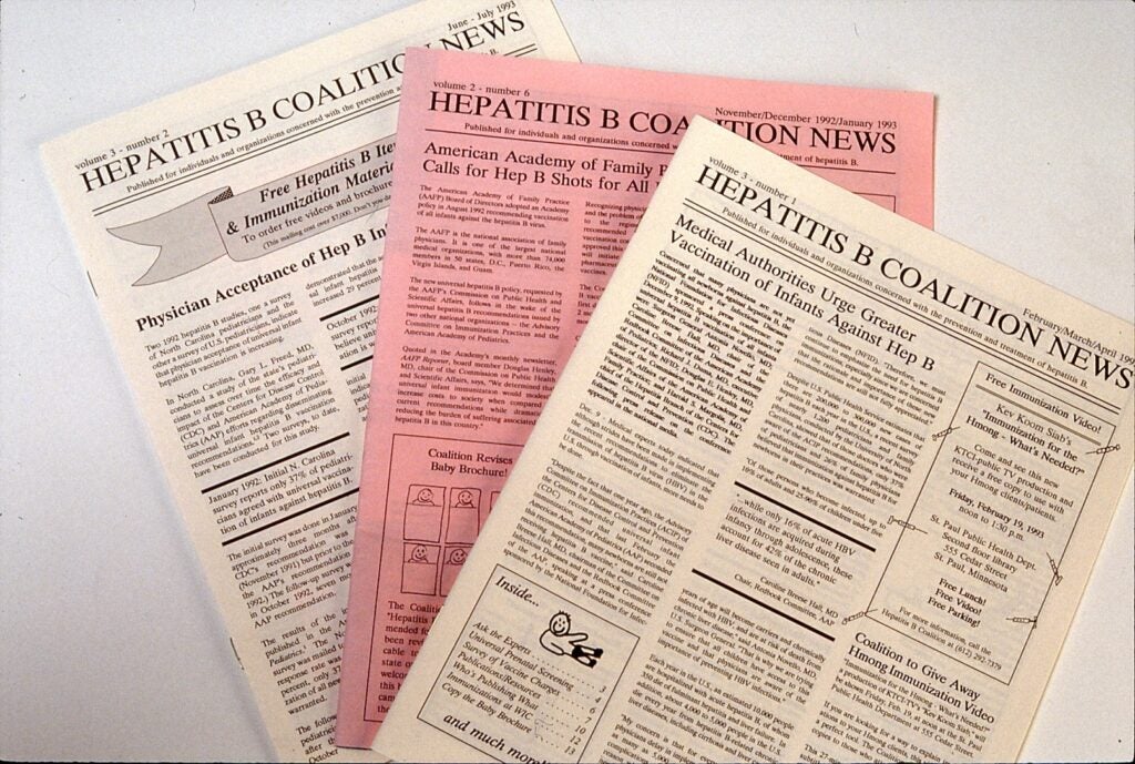Three stacked and fanned "Hepatitis B Coalition News" newsletters.