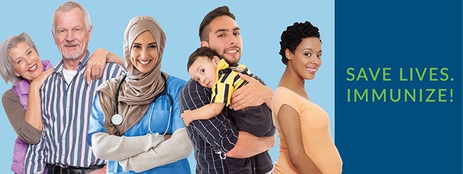 Cutouts of an older couple, a healthcare worker, a father holding his infant son, and a pregnant woman. Save lives. Immunize!